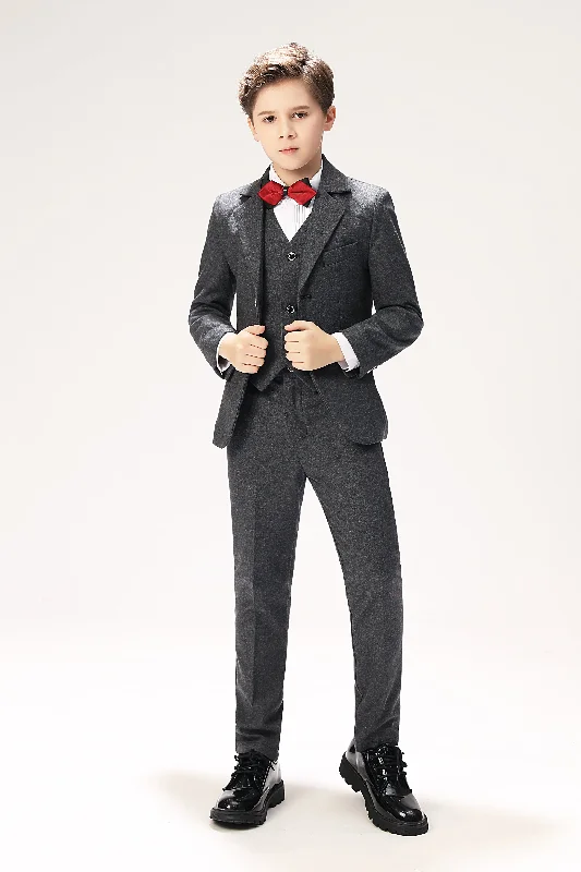 Men's suit vest -Grey Woolen Elegant 5 Piece Boys Suits