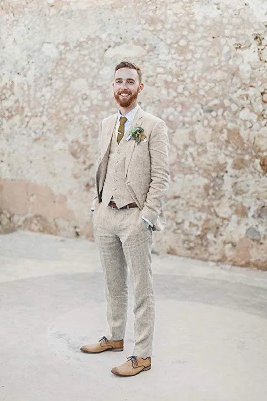 Men's sharp-fit suit -Retro Linen Beach Wedding Summer 3 Pieces Men Suits