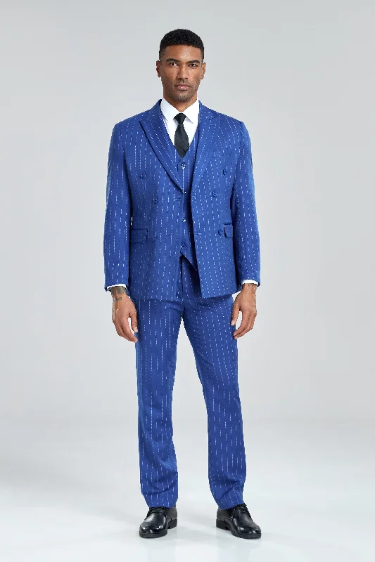 Men's suit with modern details -Royal Blue Stripe Men's 3 Piece Suits