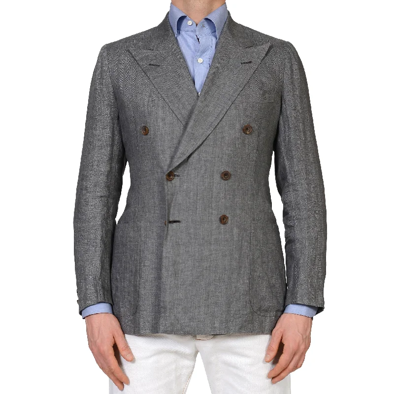 Men's custom-made wedding suit -RUBINACCI Bespoke Gray Herringbone Linen Silk DB Blazer Jacket EU 50 US 38 40