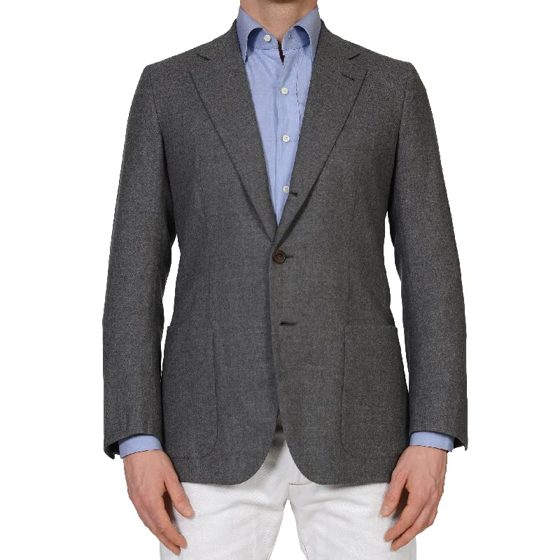 Men's suit with modern details -RUBINACCI Handmade Bespoke Gray Wool Flannel Blazer Jacket EU 50 US 38 40