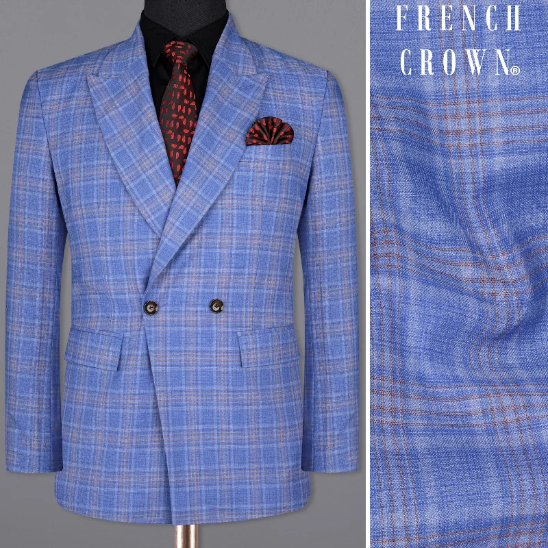 Men's long suit jacket -Ship Cove Super fine Blue Plaid Double Breasted Woolrich Blazer