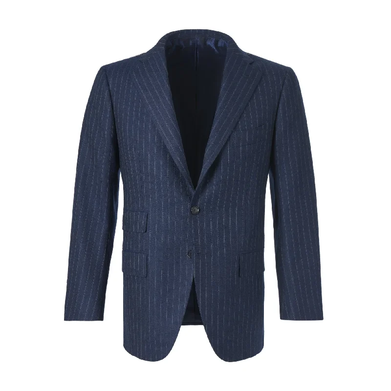 Men's breathable suit -Single-Breasted Striped Wool Suit in Dark Blue