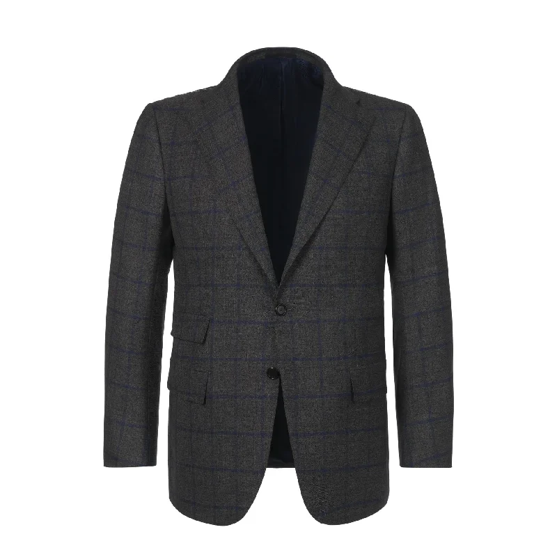 Men's suit with lapel pin -Single-Breasted Windowpane Wool suit in Dark Grey