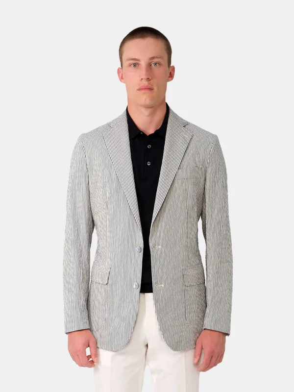 Tailored suit for men -Sirolo Blazer Cotton Seersucker Blue & White Stripe