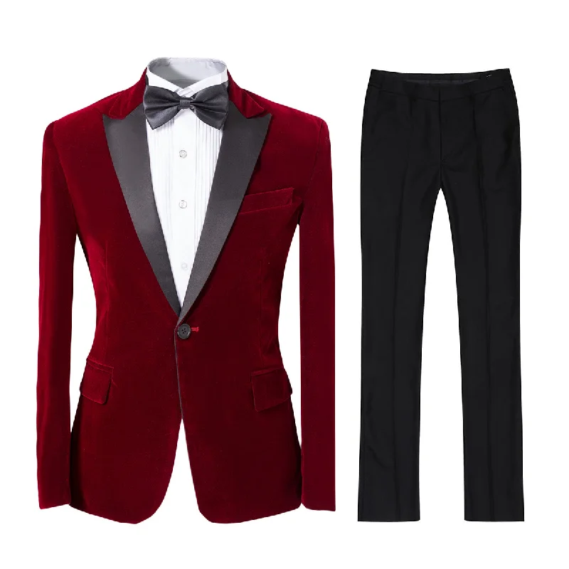 Men's wedding tuxedo jacket -YFFUSHI Mens Slim Fit 2-Piece Pleuche Velvet Tuxedo Suit Maroon