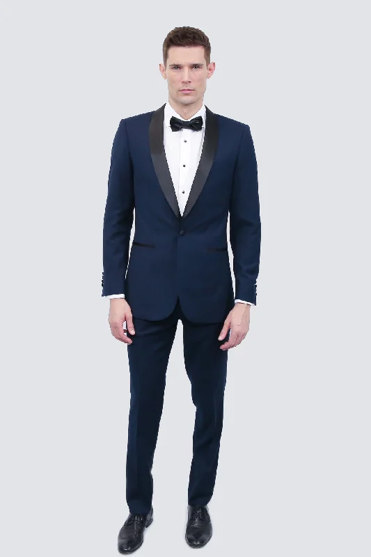 Men's stylish evening suit -Tailor's Stretch Blend Navy Blue Tuxedo | Modern or Slim Fit