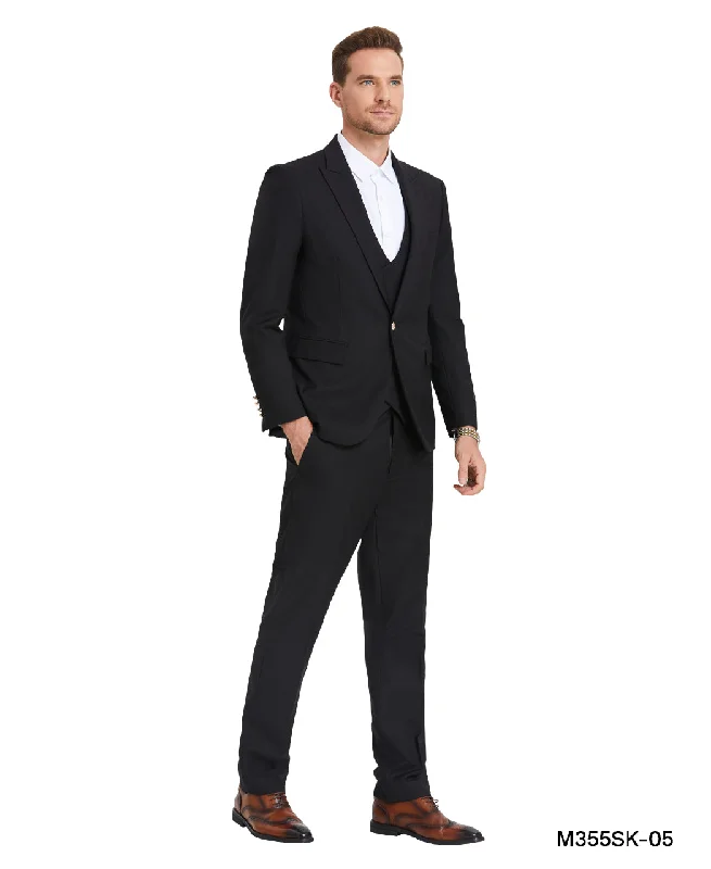 Men's tailored wedding suit -Tazio Skinny Fit Black Metal Button 3 pc Suit