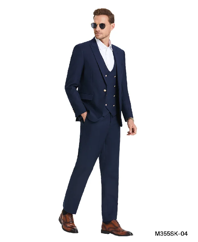 Men's breathable wool suit -Tazio Skinny Fit Navy Metal Button 3 pc Suit