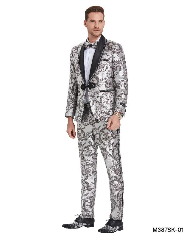 Stylish blue suit for men -Tazio Skinny Fit Silver Embossed floral 3 pc Suit