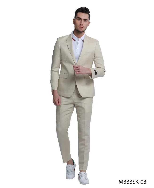 Men's patterned suits -Tazio Skinny Fit Tan Linen Suit