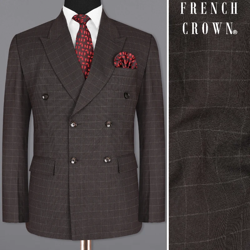 Men's white wedding suit -Thunder Brown windowpane Double Breasted Blazer