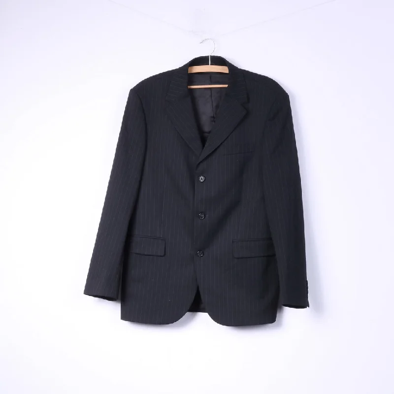 Men's tailored work suit -United Colors Of Benetton Men 50 40 Suit Blazer Trousers Black Striped Single Breasted Stretch