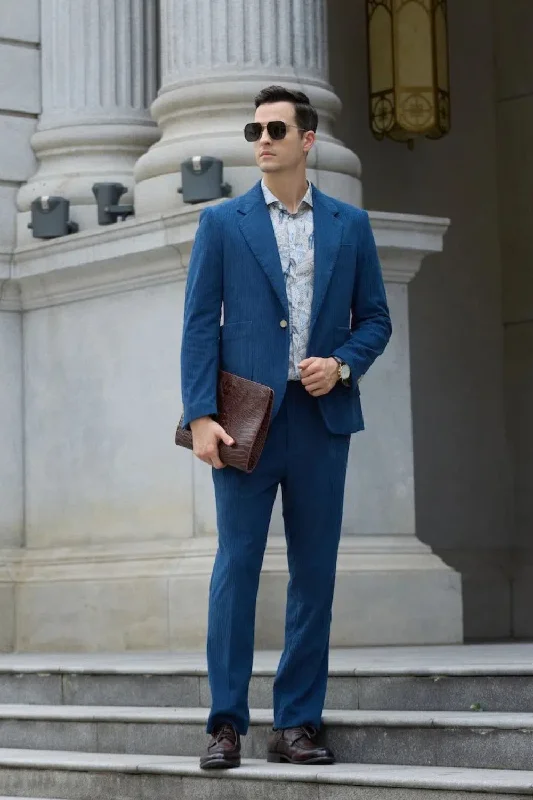 Men's blue tuxedo suit -Unique Design Corduroy Suit 2 Pieces Men's Suits Jacket+Pants 2787