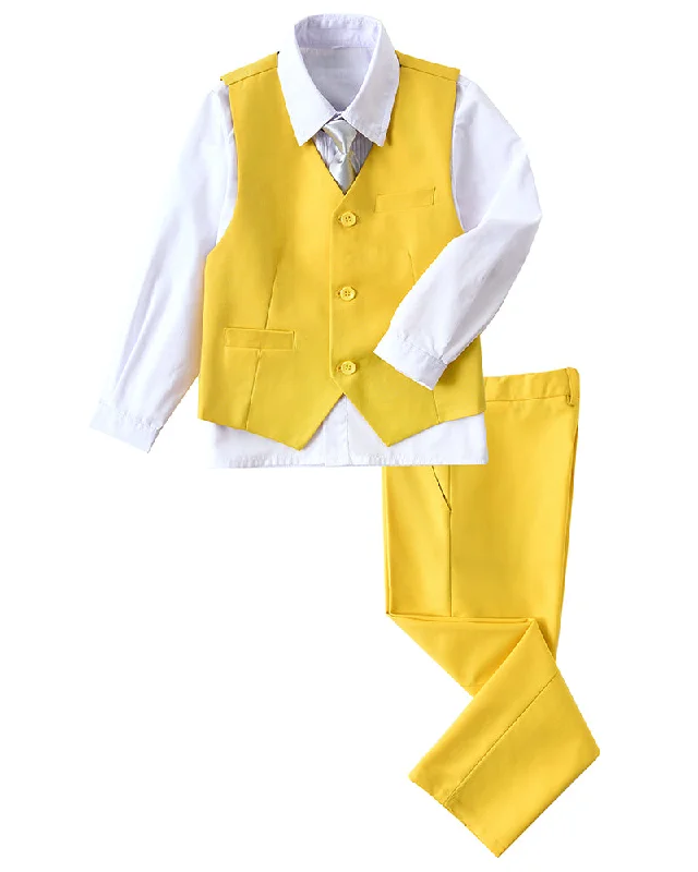 Classic men's suit -Yellow 4 Piece Boys' Formal Suit Set with Vest Pants Dress Shirt and Tie BS51