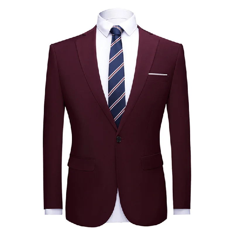 Men's satin tuxedo jacket -Mens Wine Red Slim Fit One Button Blazer