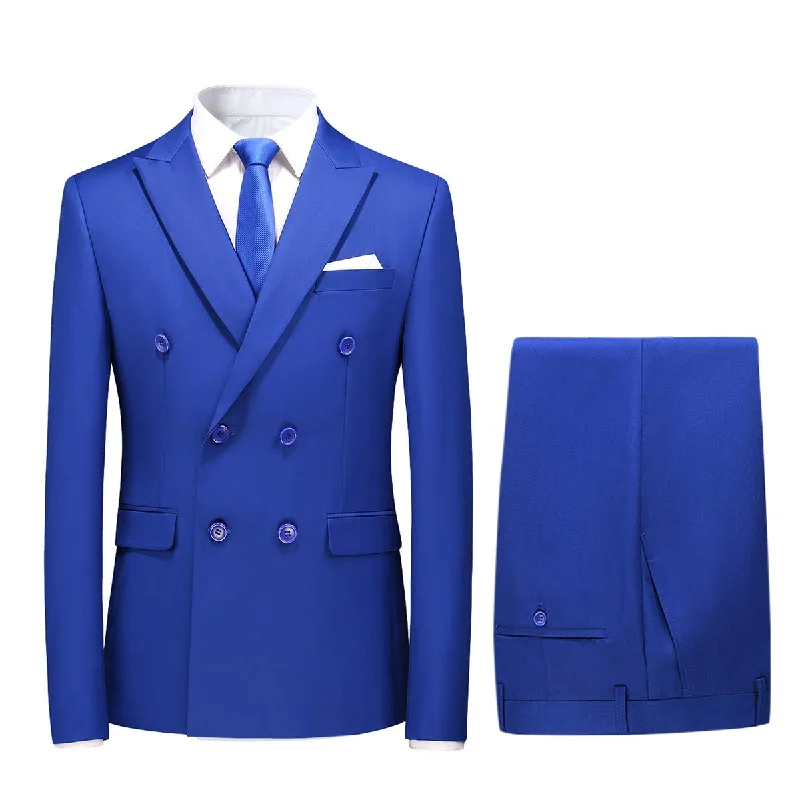 Men's slim business tuxedo -YFFUSHI Mens 2 Piece Dress Suits Double Breasted Solid Formal Casual Tuxedo Trousers Set Blue