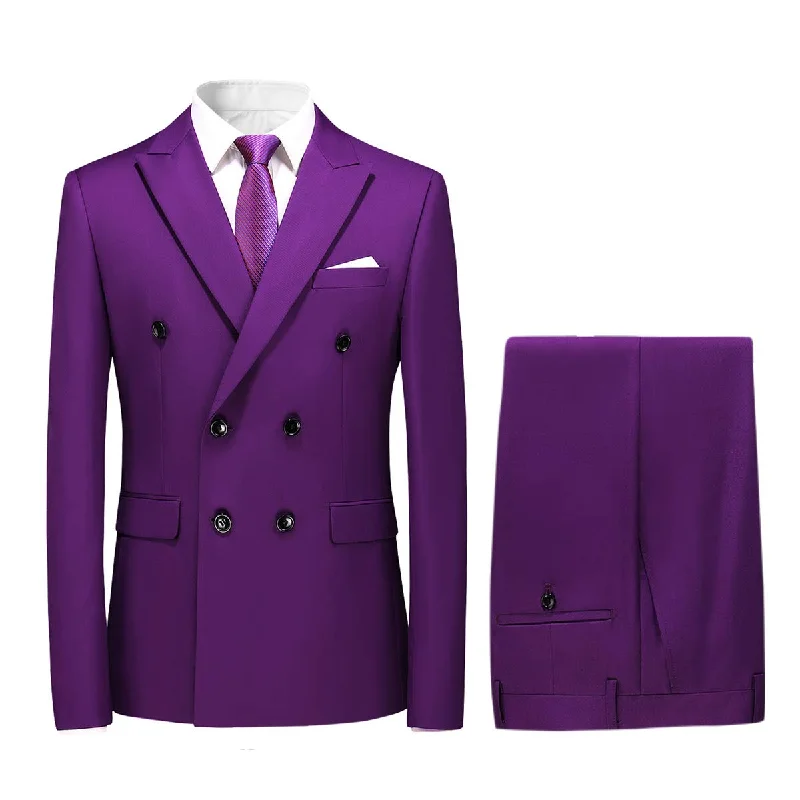 Men's suit with modern details -YFFUSHI Mens 2 Piece Dress Suits Double Breasted Solid Formal Casual Tuxedo Trousers Set Purple