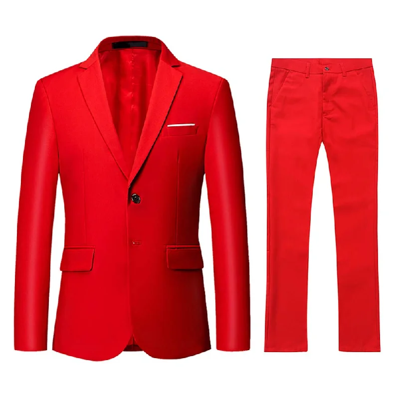 Men's navy blue suit -YFFUSHI Men's 2 Piece Suit Solid Two-Button Casual Elegant Tuxedo Red