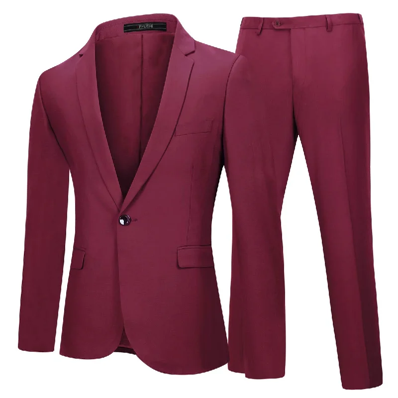 Designer men's suits -YFFUSHI Mens 2 Piece Suits One Button Formal Slim Fit Solid Color Wedding Tuxedo Wine Red