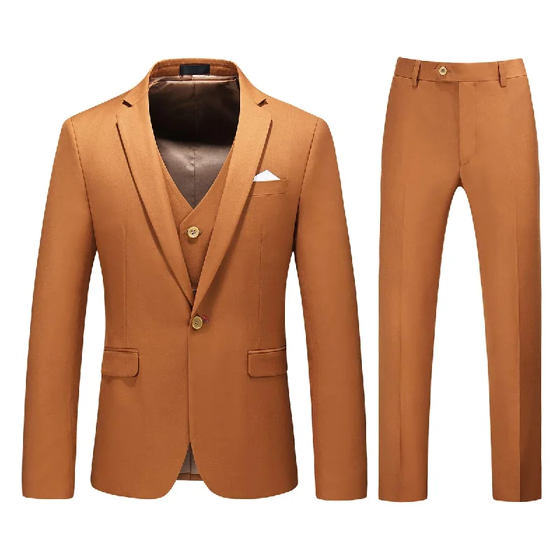 Men's custom wool tuxedo -YFFUSHI Mens 3 Piece Dress Suit 1 Button Formal Casual Tux Vest Trousers Caramel