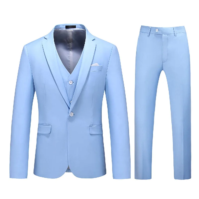 Men's slim tuxedo suit -YFFUSHI Mens 3 Piece Dress Suit 1 Button Formal Casual Tux Vest Trousers Light Blue