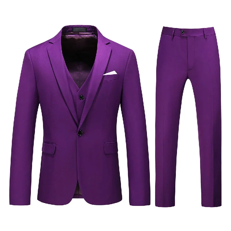 Men’s stylish slim fit tuxedo -YFFUSHI Mens 3 Piece Dress Suit 1 Button Formal Casual Tux Vest Trousers Purple