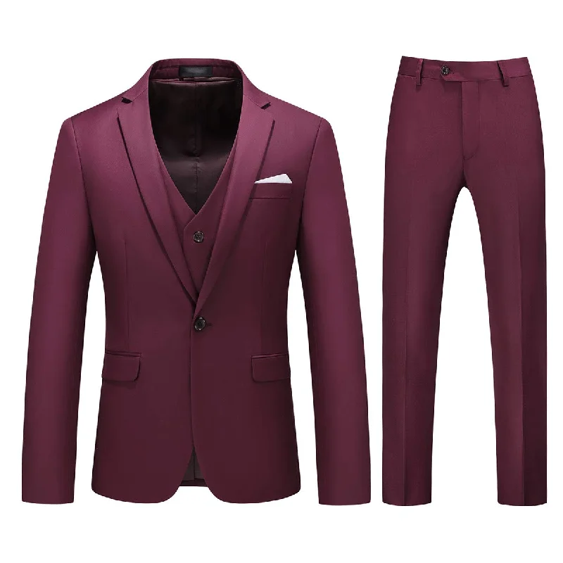 Men's classic fit suit -YFFUSHI Mens 3 Piece Dress Suit 1 Button Formal Casual Tux Vest Trousers Wine Red