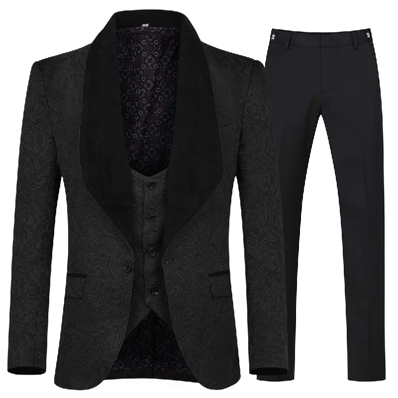 Men's suit ties -YFFUSHI Men's 3 Piece Suit Jacquard Tuxedo One Button Shawl Collar Black