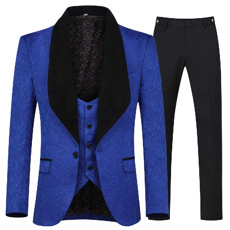 Men's suit with cufflinks -YFFUSHI Men's 3 Piece Suit Jacquard Tuxedo One Button Shawl Collar Blue