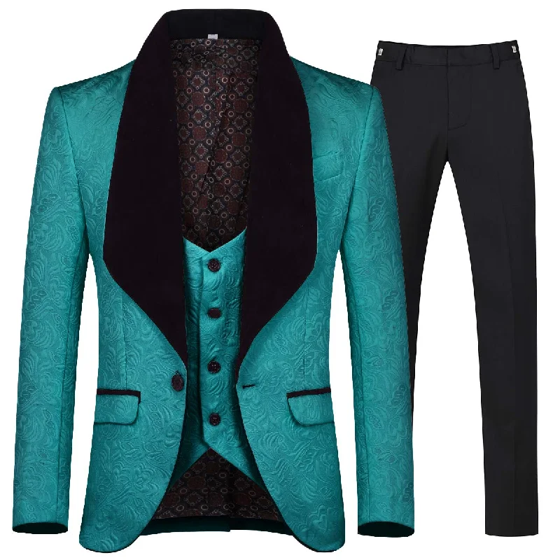 Men's coat and suit set -YFFUSHI Men's 3 Piece Suit Jacquard Tuxedo One Button Shawl Collar Green