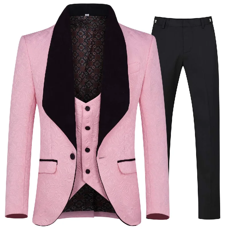 Men's luxury tuxedo suit -YFFUSHI Men's 3 Piece Suit Jacquard Tuxedo One Button Shawl Collar Pink