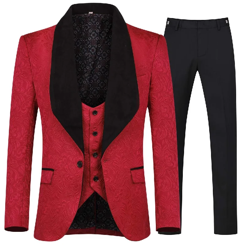 Formal men's wear suit -YFFUSHI Men's 3 Piece Suit Jacquard Tuxedo One Button Shawl Collar Red