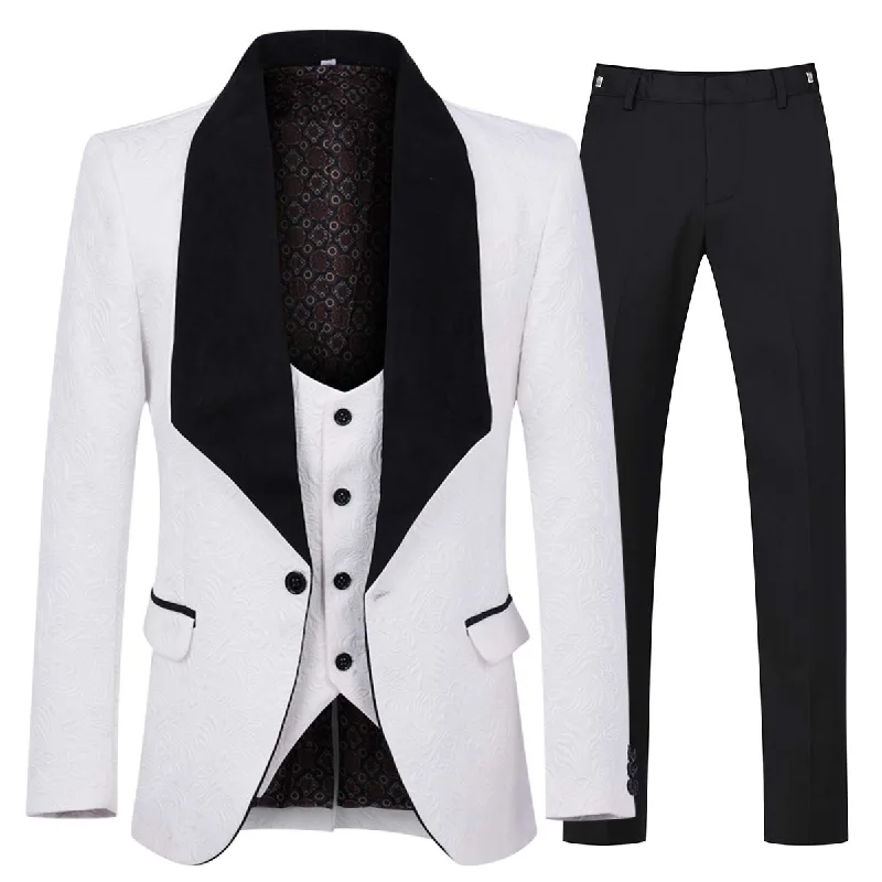 Men's black tuxedo -YFFUSHI Men's 3 Piece Suit Jacquard Tuxedo One Button Shawl Collar White