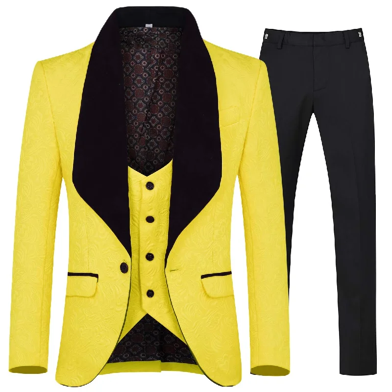 Men's suit shoes -YFFUSHI Men's 3 Piece Suit Jacquard Tuxedo One Button Shawl Collar Yellow