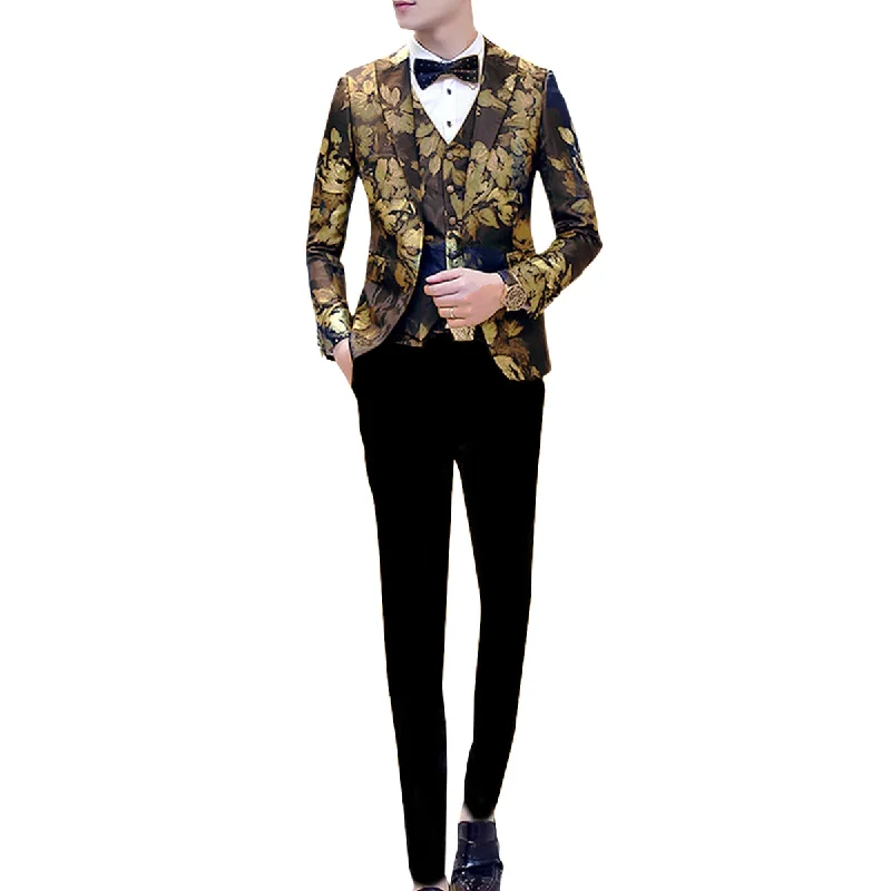 Men's sharp navy suit -YFFUSHI Mens Allover Floral Print 3-Piece Suit Yellow