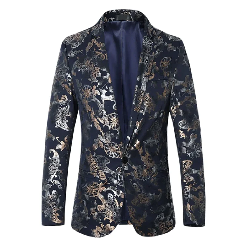 Men's winter tuxedo -YFFUSHI Mens Dress Floral Suit Slim Fit Stylish Casual Printed Blazer Navy