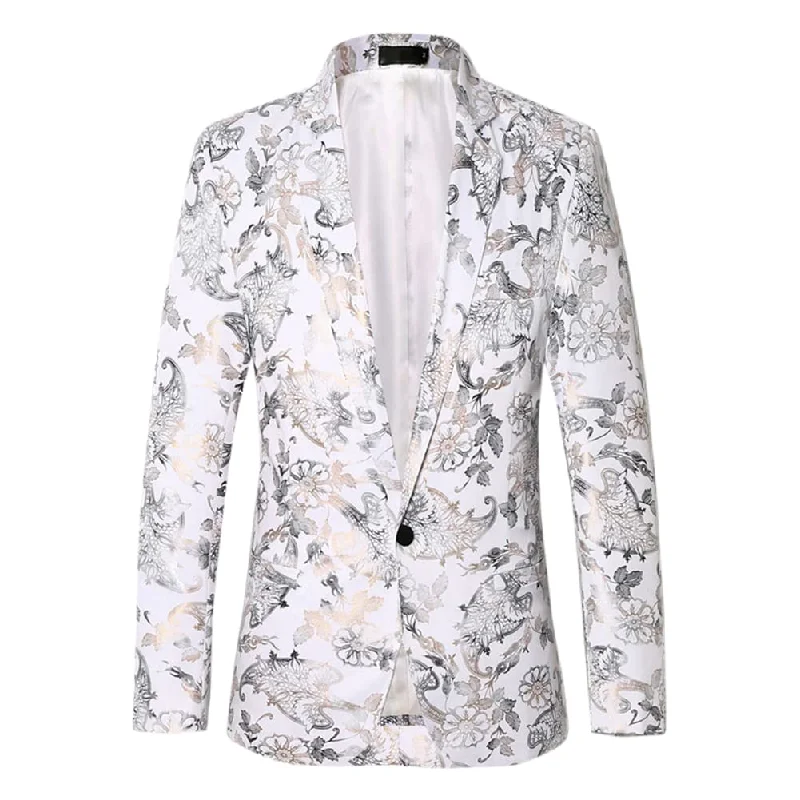 Men's linen wedding suit -YFFUSHI Mens Dress Floral Suit Slim Fit Stylish Casual Printed Blazer White