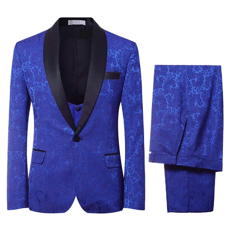 Men's suit with tie -YFFUSHI Men's Elegant Jacquard 3 Piece Suit Slim Fit Royal Tuxedo Blue