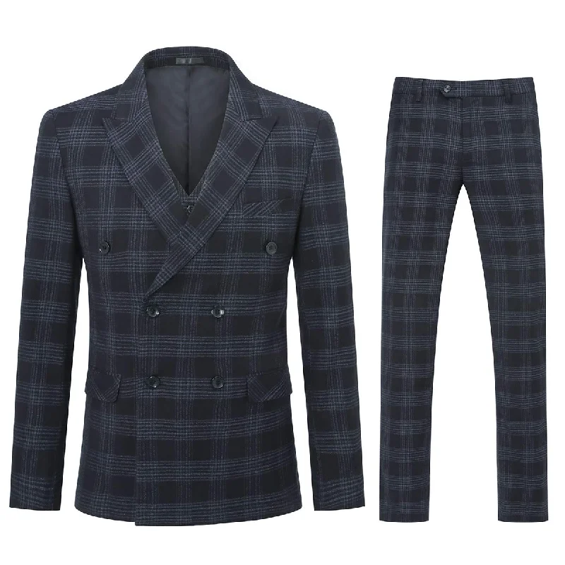 Lightweight men's suits -YFFUSHI Mens Plaid 3 Piece Suits Double Breasted Retro Slim Dress Blue Black