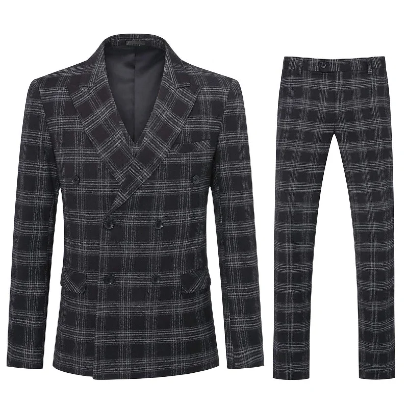 Men's wool suits -YFFUSHI Mens Plaid 3 Piece Suits Double Breasted Retro Slim Dress Gray Black