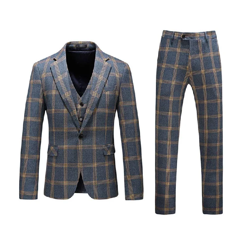 Men's suit with vest -YFFUSHI Men's Plaid Tweed 3 Piece Suit One Button Dinner Suit Tuxedo Green