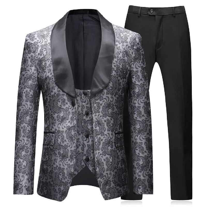 Men's suit for formal event -YFFUSHI Mens Slim Fit Exquisite Pattern 3 Piece Dress Suit Black