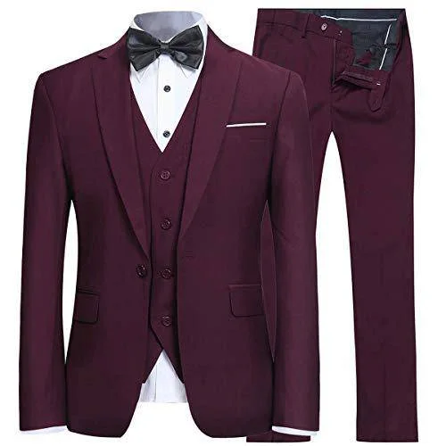 Men's suit for interview -YFFUSHI Men's Slim Fit 3 Piece Suit One Button Suits Blazer Tux Vest & Trousers Dark Red