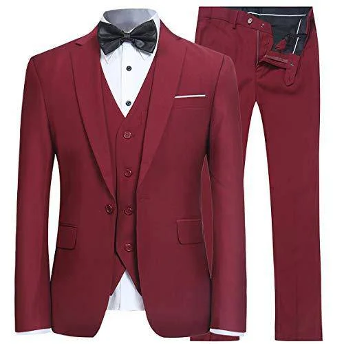 Men's high-end suit -YFFUSHI Men's Slim Fit 3 Piece Suit One Button Suits Blazer Tux Vest & Trousers Red Wine