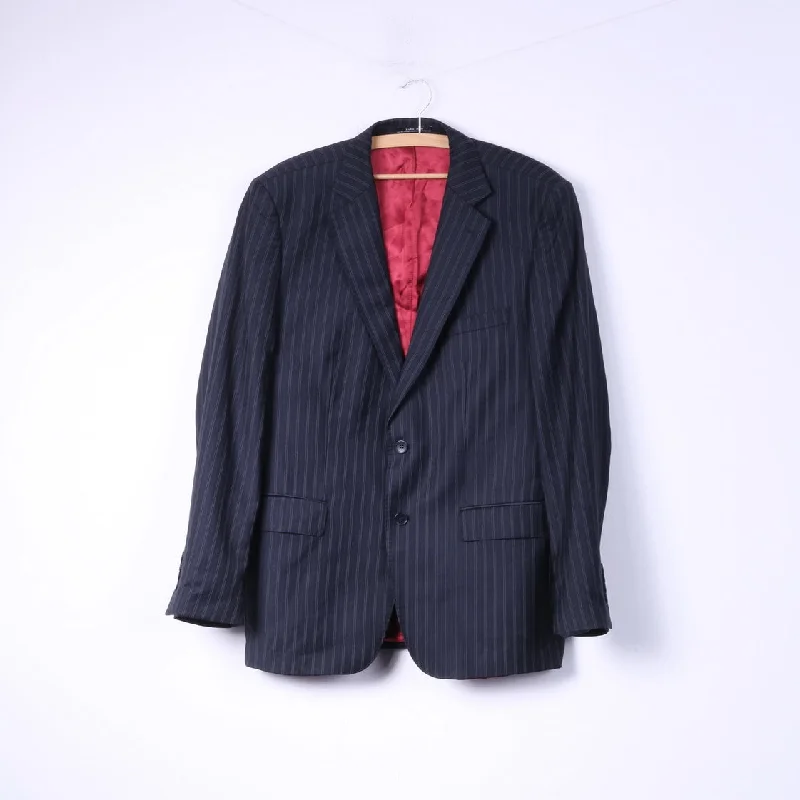 Men's blue wedding suit -Zara Man 56 46 Blazer Navy Striped Single Breasted Shoulder Pads Wool Top